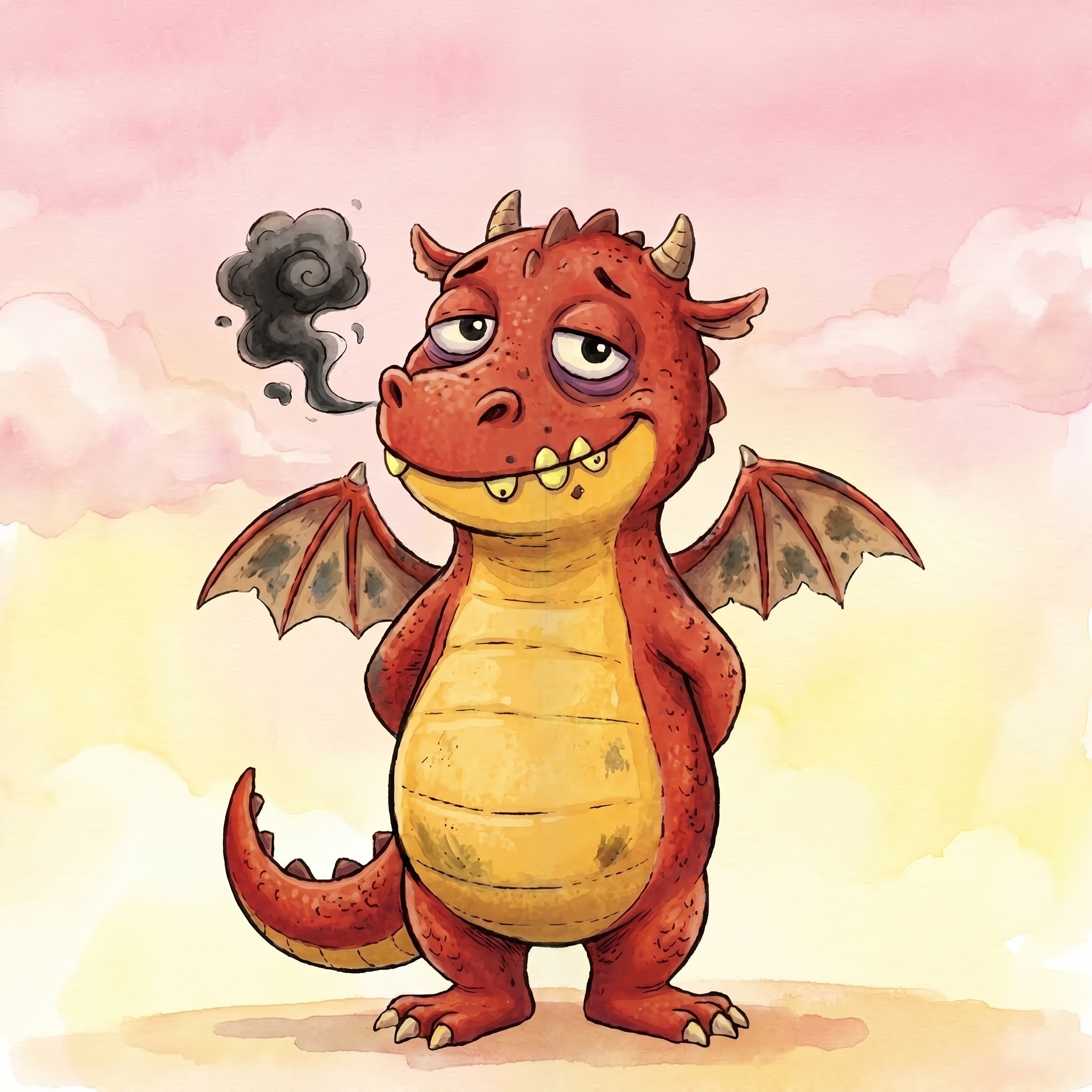 The Sugar Dragon: a mischievous red cartoon dragon with yellow teeth and dirty grey wings