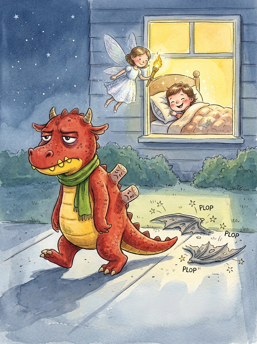 The Sugar Dragon walking away with his wings falling off while the Tooth Fairy watches from a bedroom window