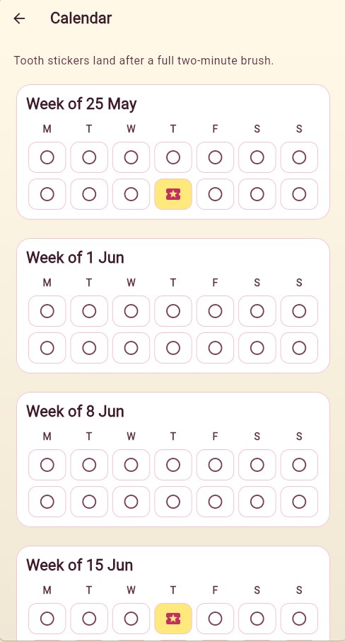 Weekly brushing calendar screen