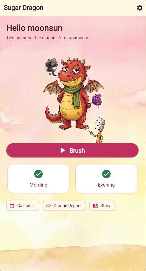 Sugar Dragon app home screen with a large Brush button and morning and evening progress