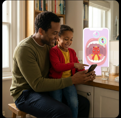 A father and daughter at the kitchen counter, smiling as they watch the Sugar Dragon app on a phone