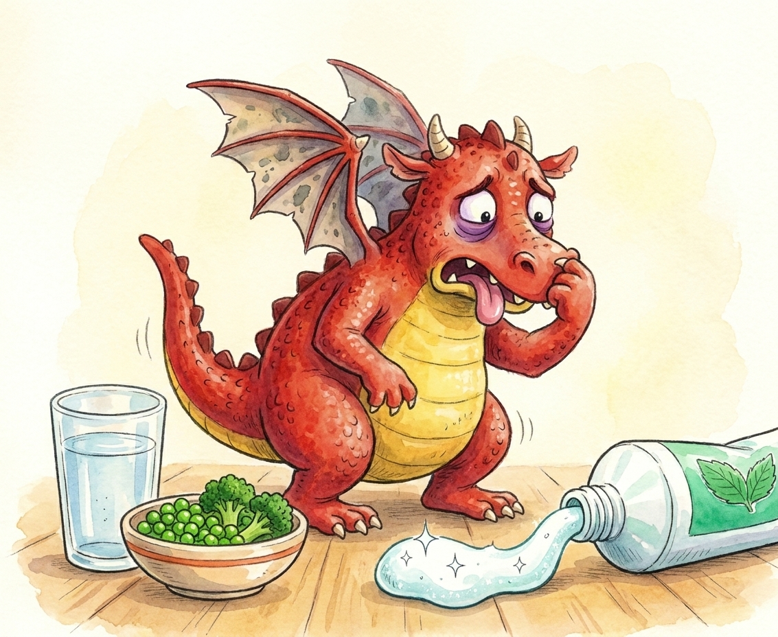 The Sugar Dragon recoiling in horror at a tube of minty toothpaste