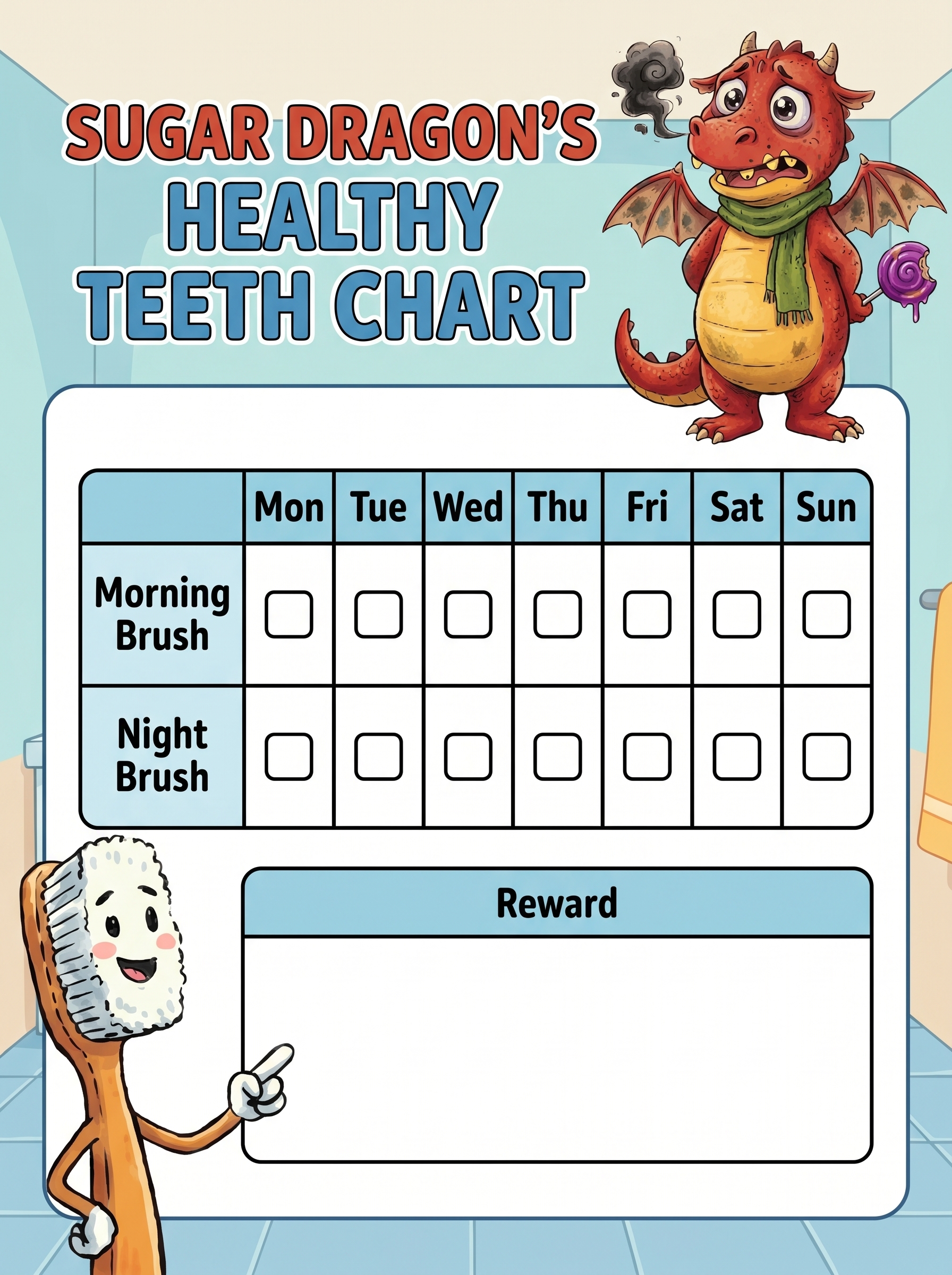 Sugar Dragon's Healthy Teeth Chart, a two-week sticker chart for the bathroom wall
