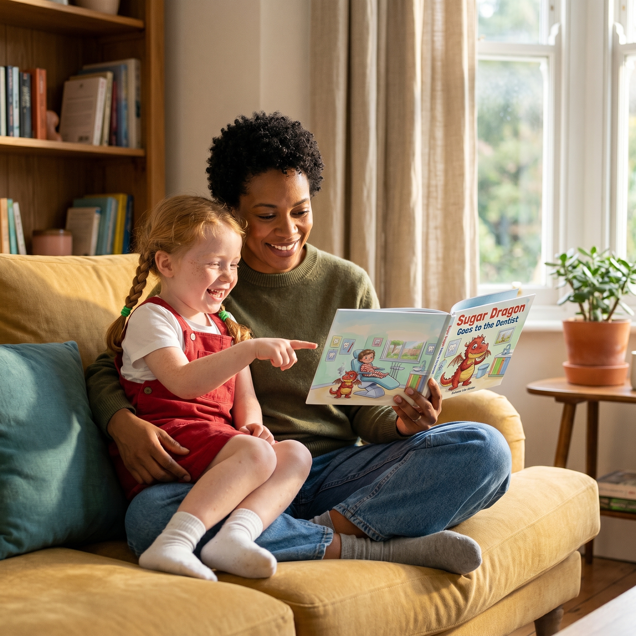 A mother and her young daughter on a sofa, laughing together as they read Sugar Dragon Goes to the Dentist